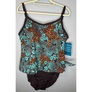 Maxine Of Hollywood One Piece Swimsuit 16 New Minimizer Blue Brown Floral